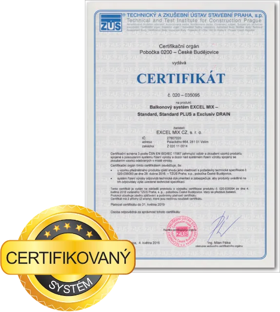 Certifikát balkonového systému EXCEL MIX STANDARD